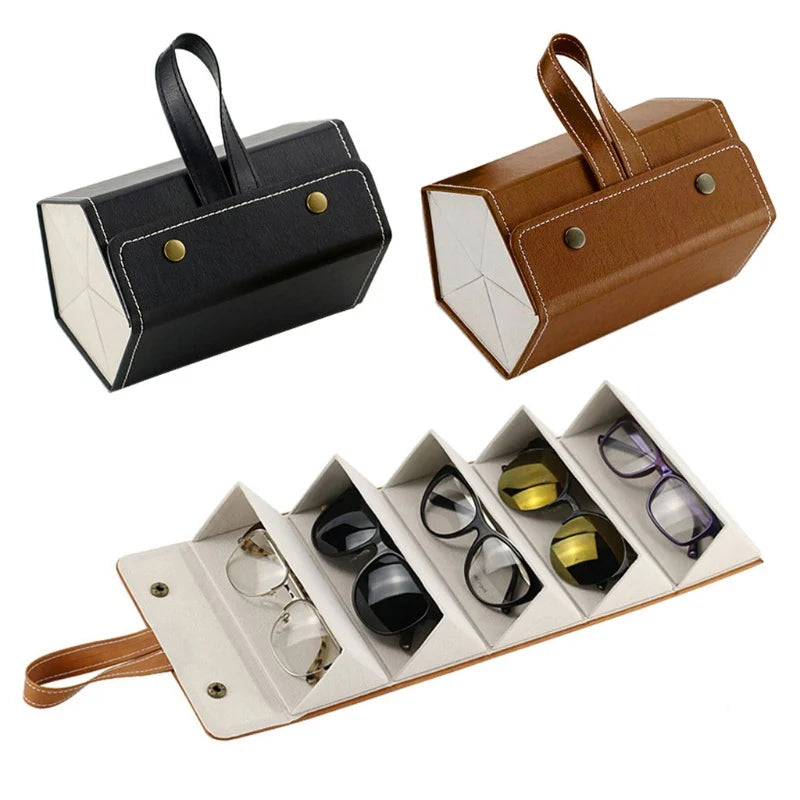 5 Slots Foldable Multiple PU Leather Sunglasses Eyeglasses Travel Organizer Case